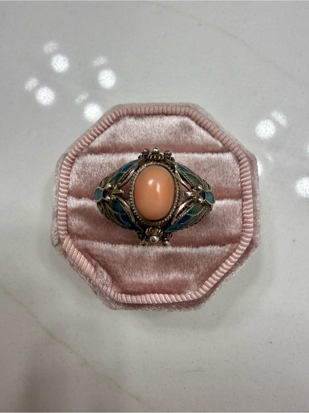 Signed 925 Silver Enamel Butterfly Filigree Ring with Pink Coral Sz 10 1/2
